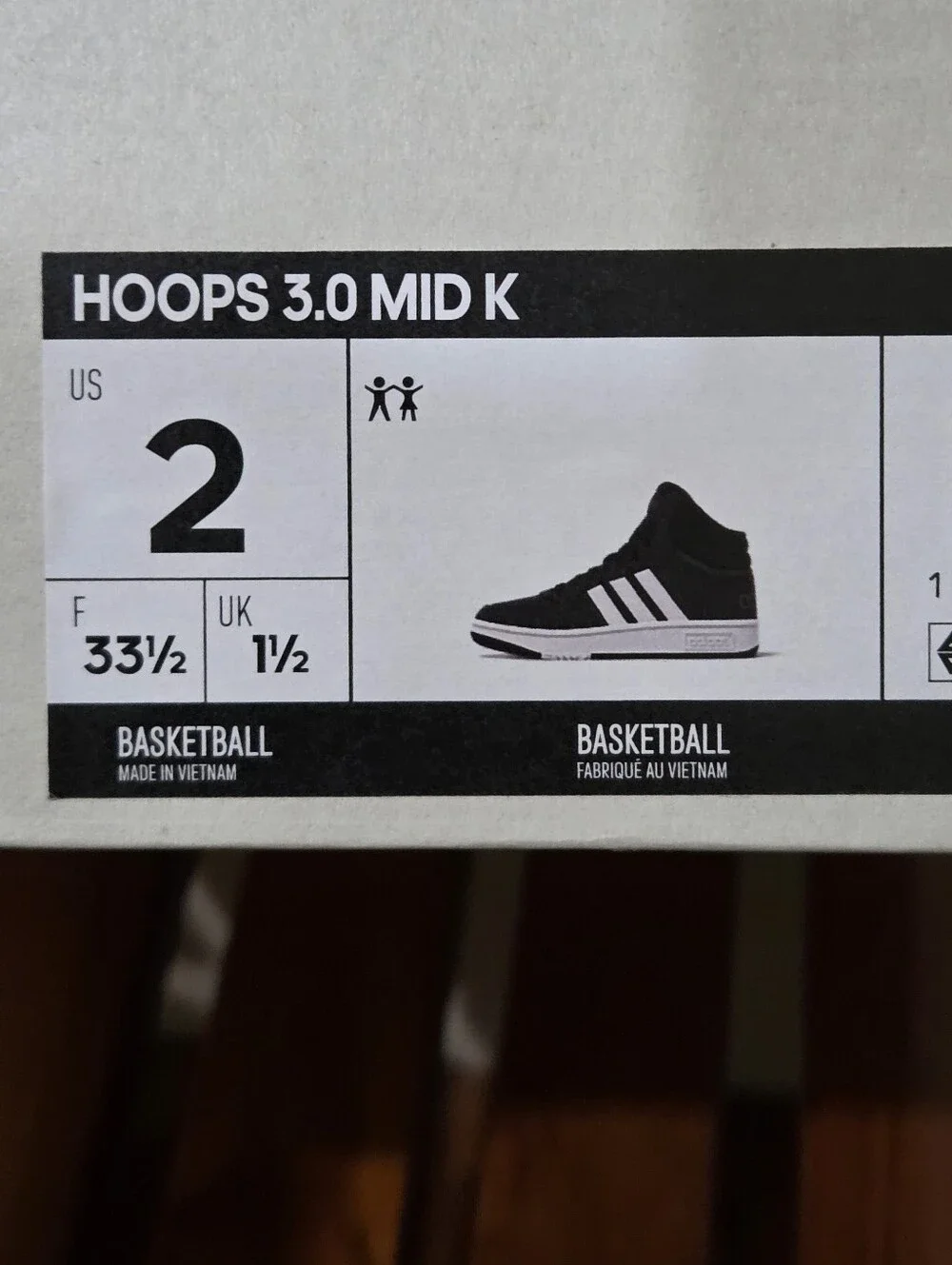 adidas Boy's Black and White Hoops 3.0 MID High-Top Basketball Sneakers Size 2